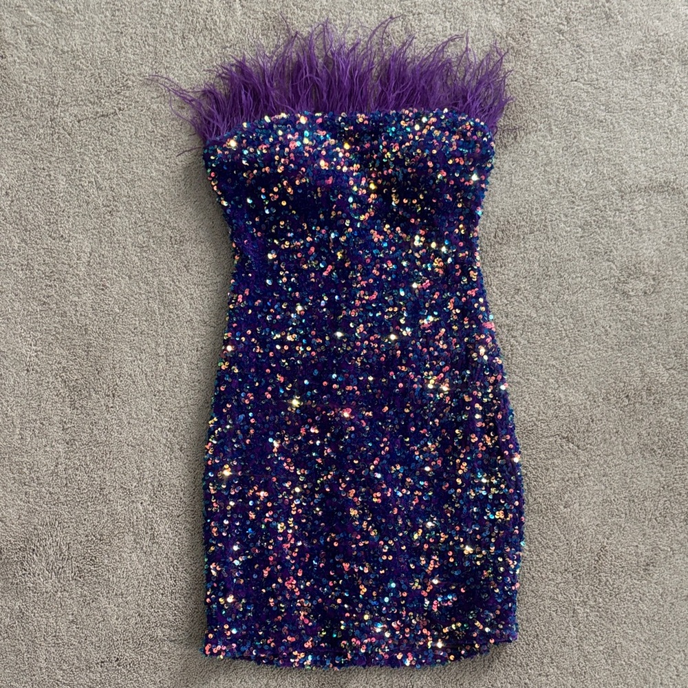 B Darlin Vibrant Purple Dress with Sequin and Feather Details